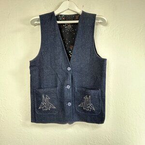 Origami Crane Embroidered Denim Vest Dark Blue Button Front Lightweight Artful